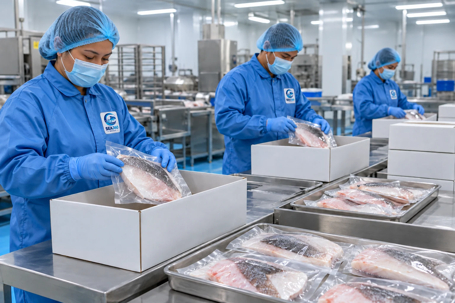 Minh họa sản phẩm cá đóng gói và kết nối xuất khẩu năm 2023